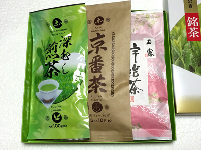 人气的宇治茶混合套装【深蒸煎茶、京番茶茶包、冠茶玉露】