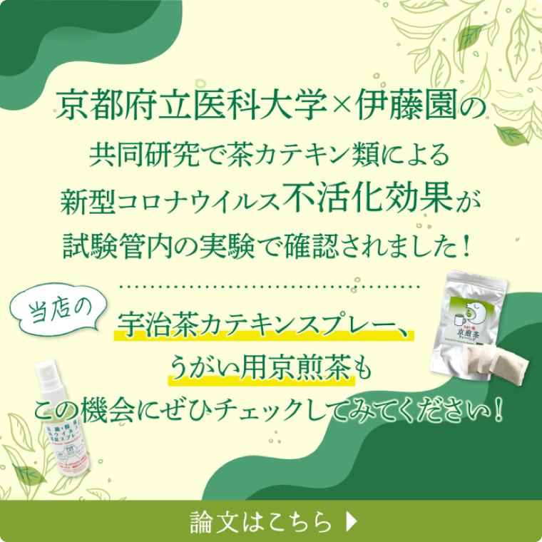 京都府立医科大学×伊藤園の共同研究で茶カテキン類による新型コロナウイルス不活化効果が試験管内の実験で確認されました！論文はこちら